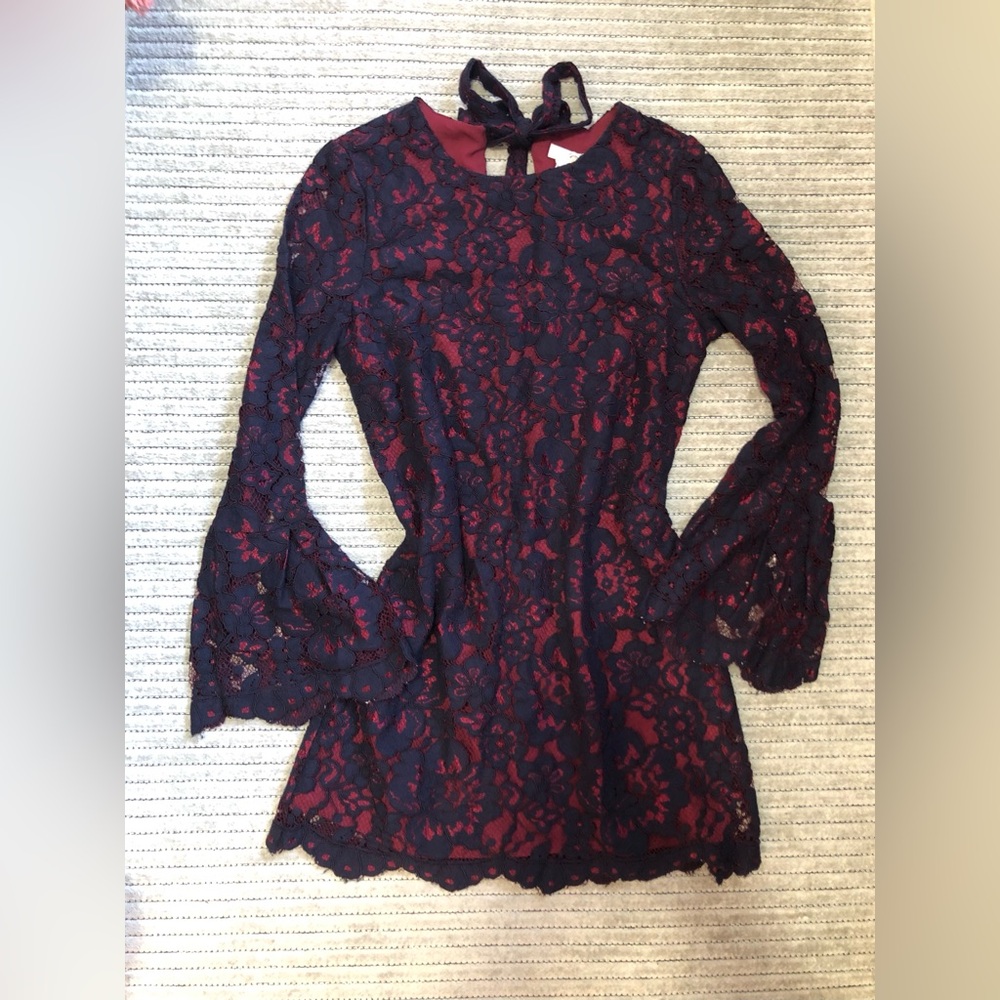 Wayf Black Lace Dress with Burgundy Underlay